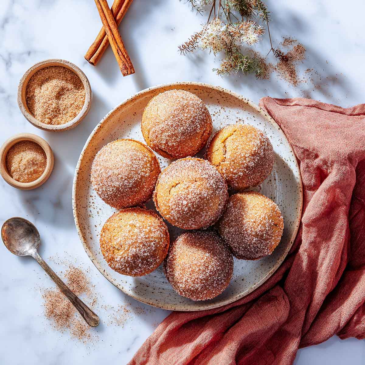 Pumpkin donut muffins coated with cinnamon sugar on ceramic plate with cinnamon sticks.
