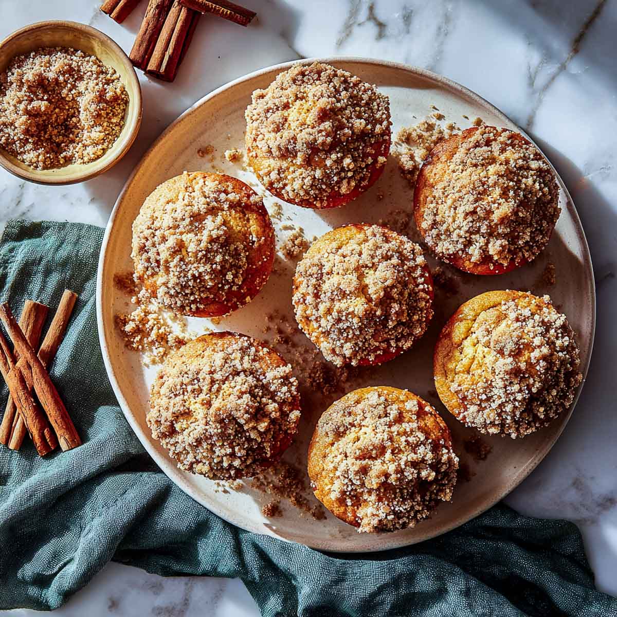 Pumpkin muffins topped with golden cinnamon crumble on ceramic plate with cinnamon sticks.