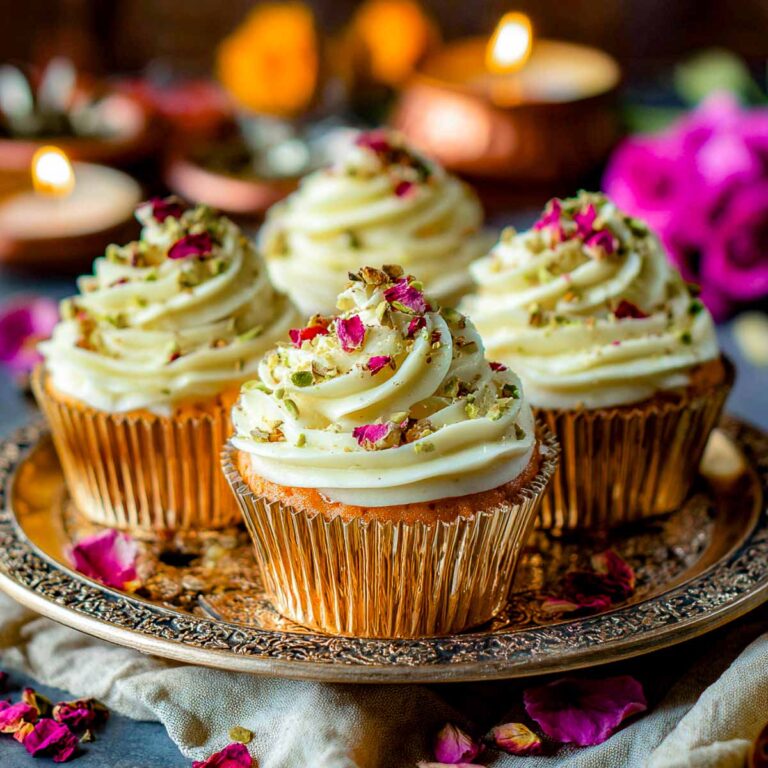 Rasmalai cupcakes placed on a serving plate.