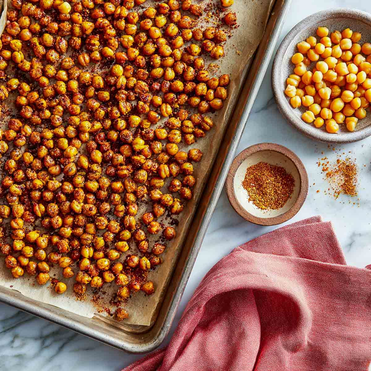 Spiced roasted masala chickpeas spread across a baking tray after roasting.