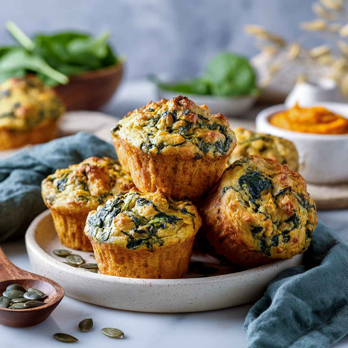 Savory pumpkin spinach muffins on ceramic plate with spinach leaves, pumpkin puree, and pumpkin seeds.