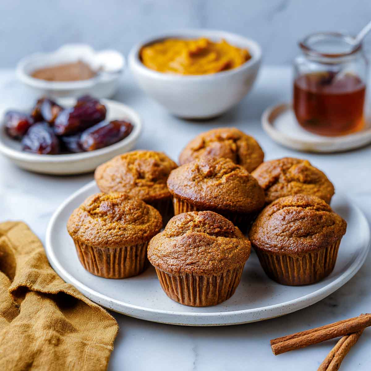 Sugar-free pumpkin muffins on ceramic plate with dates, maple syrup, and pumpkin puree.