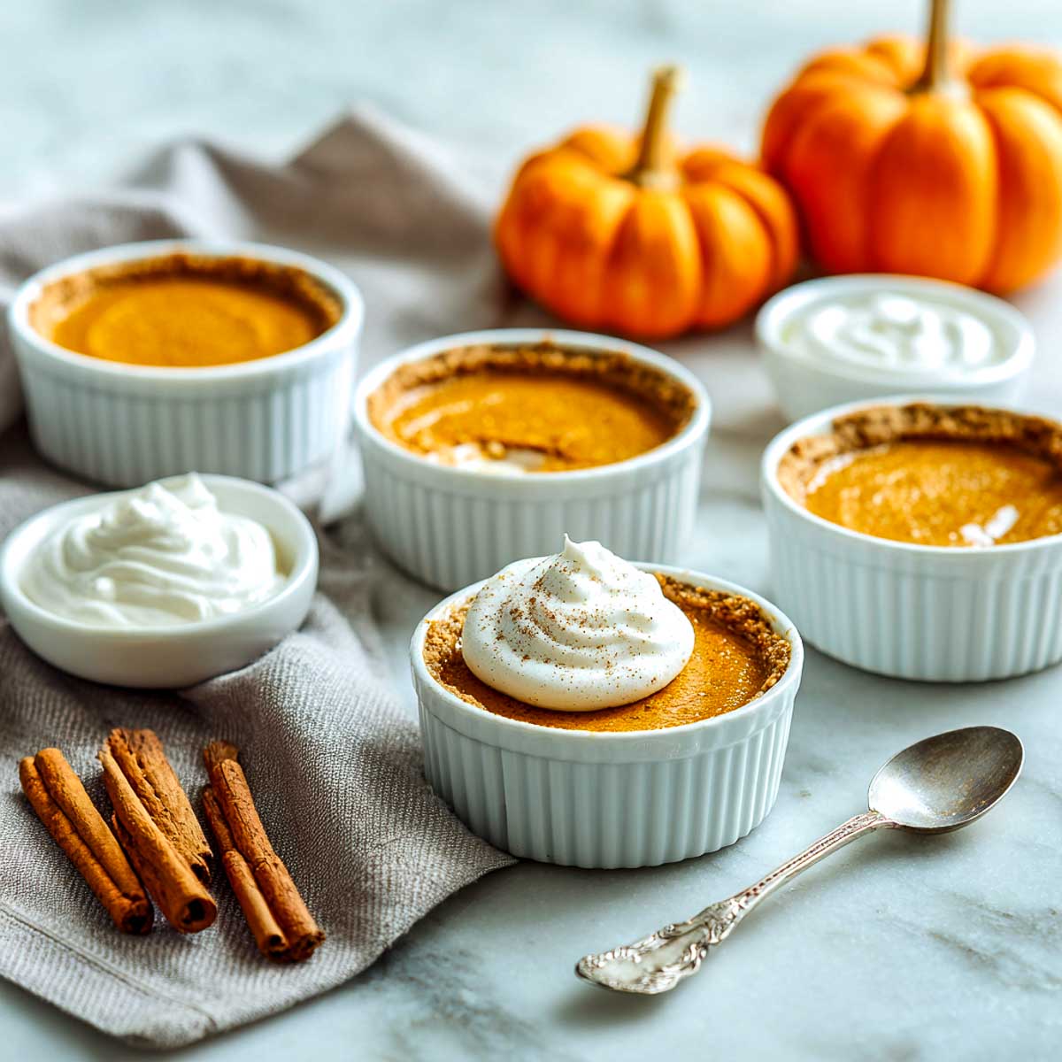 Mini pumpkin pies in white ramekins topped with whipped cream swirls.