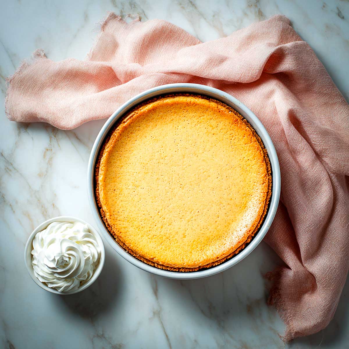 Overhead view of whole air fryer pumpkin cheesecake with pink napkin.