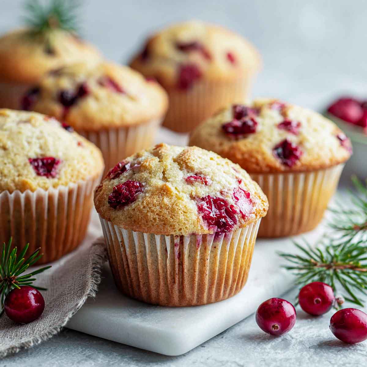 Applesauce cranberry muffins on marble surface.