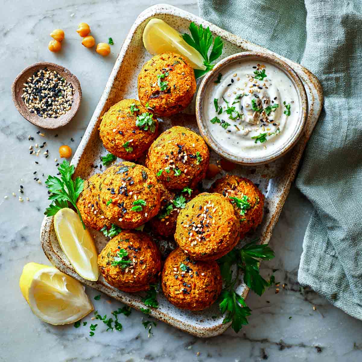 Golden sweet potato falafel on a rectangular plate with tahini dip, lemon wedges, and chickpeas scattered around.