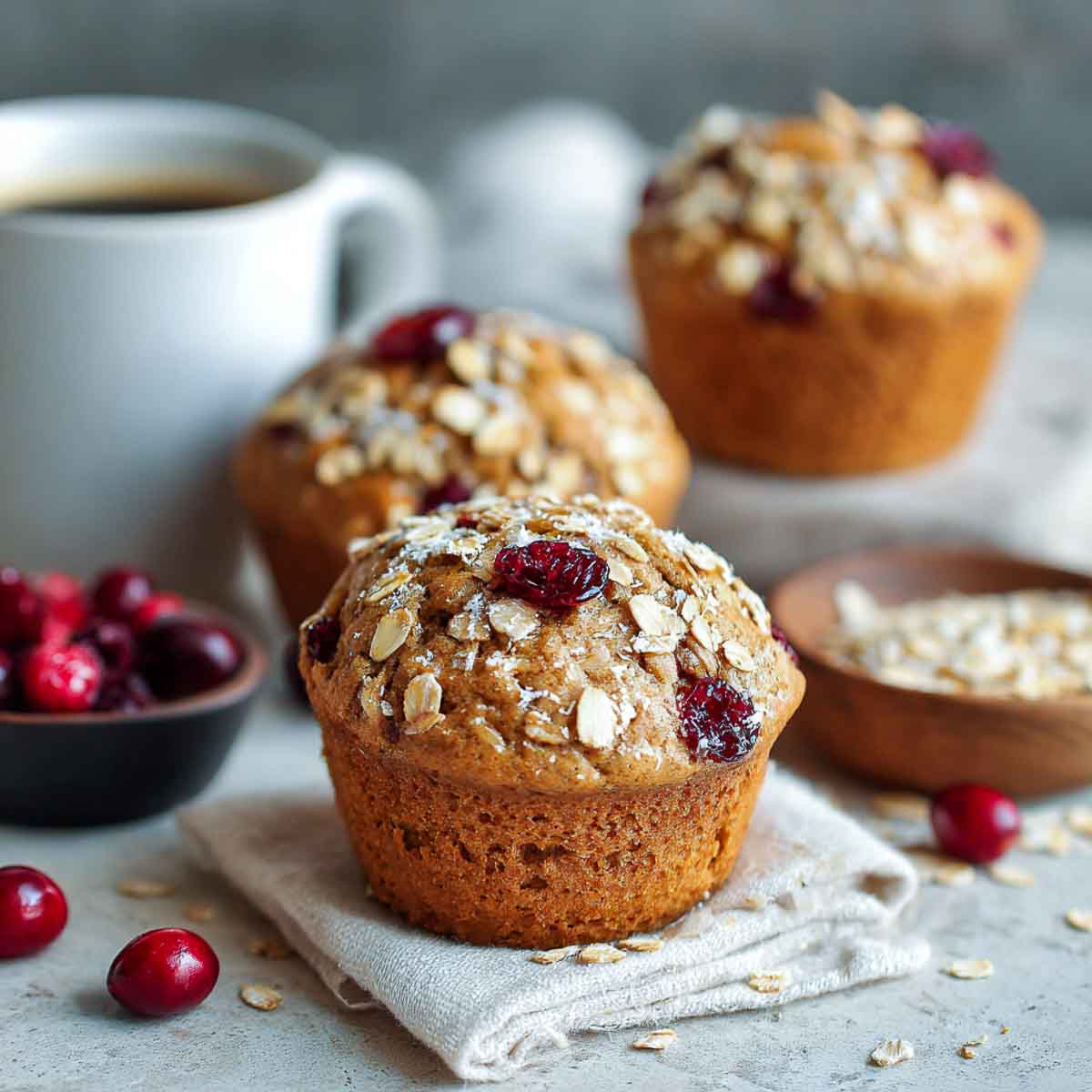 Banana cranberry muffins topped with toasted oats on a light surface beside a cup of coffee and a small bowl of cranberries.