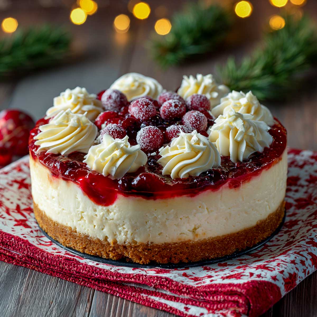 Festive cheesecake topped with cranberry jam, white chocolate mousse, and sugared cranberries.