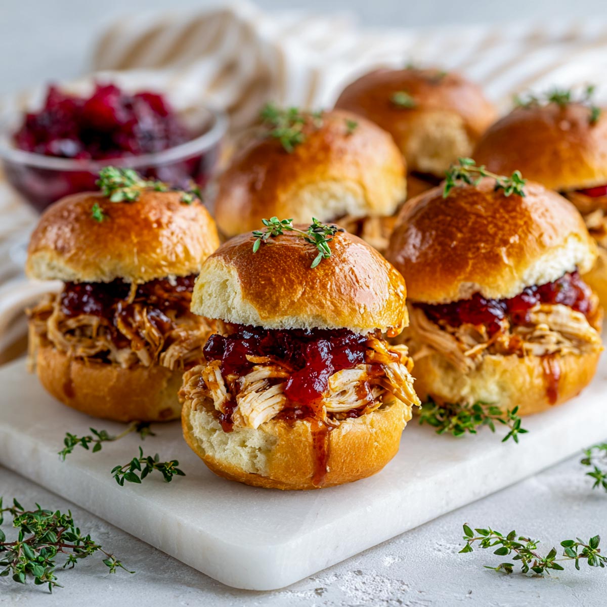 Side view of cranberry BBQ turkey sliders on a marble board with thyme and striped napkin.