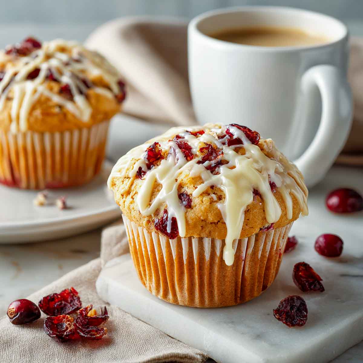 Cranberry muffins with cream cheese drizzle and dried cranberries beside a coffee cup on marble surface.