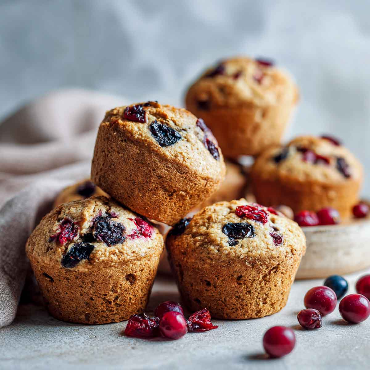 Stack of cranberry blueberry bran muffins placed on a grey wooden board.