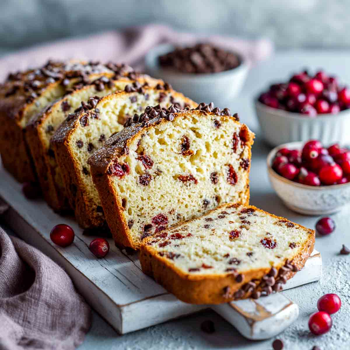 Cranberry and chocolate chip bread sliced and placed on a white board.