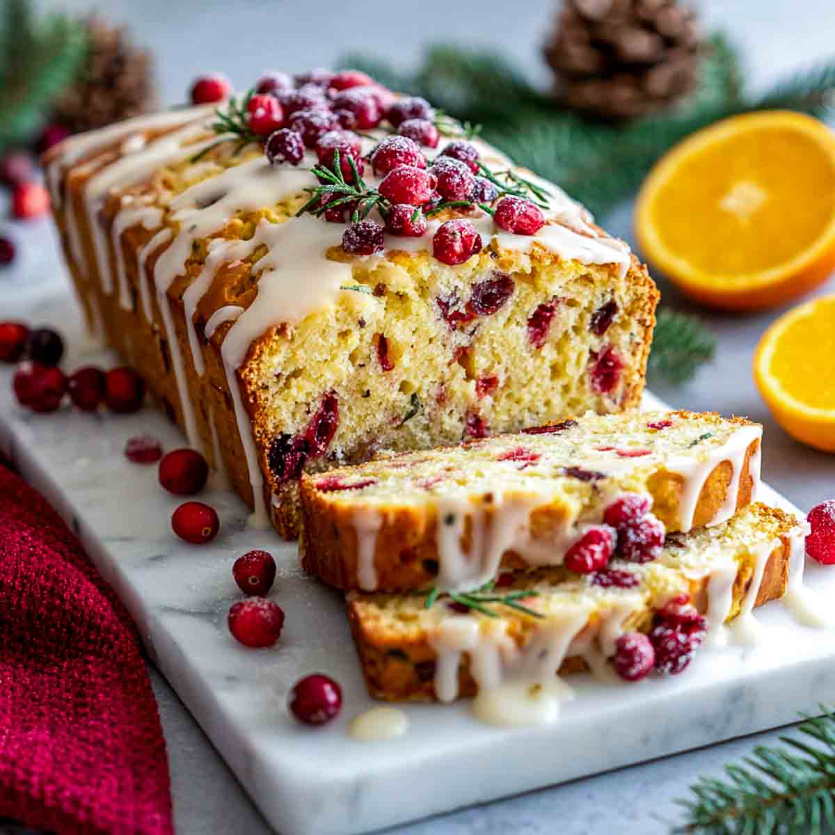 Angled view of moist cranberry orange bread topped with citrus glaze, sliced with cranberries inside.