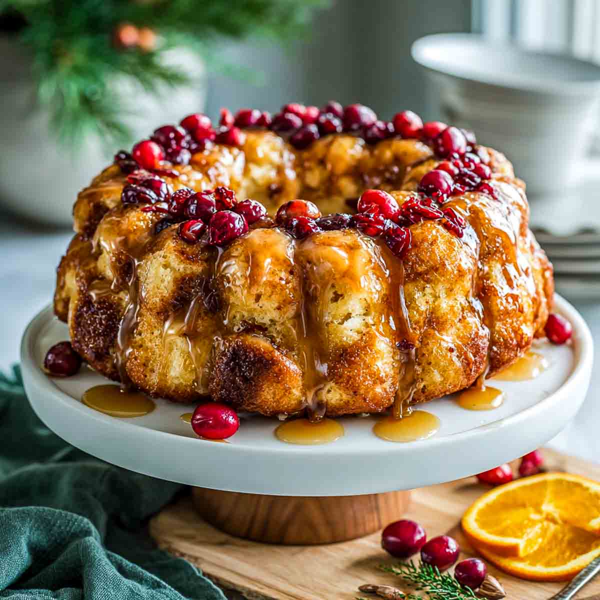 Cranberry orange monkey bread placed on a cake stand.
