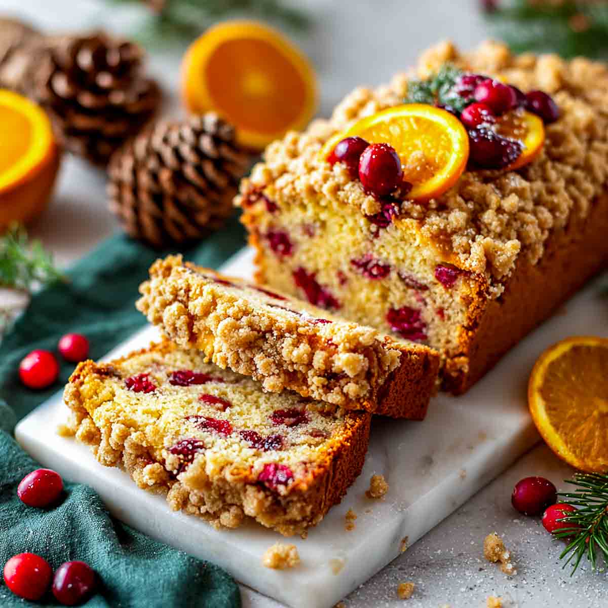 Cranberry orange streusel loaf cake sliced with crumbly topping, cranberries, and oranges.