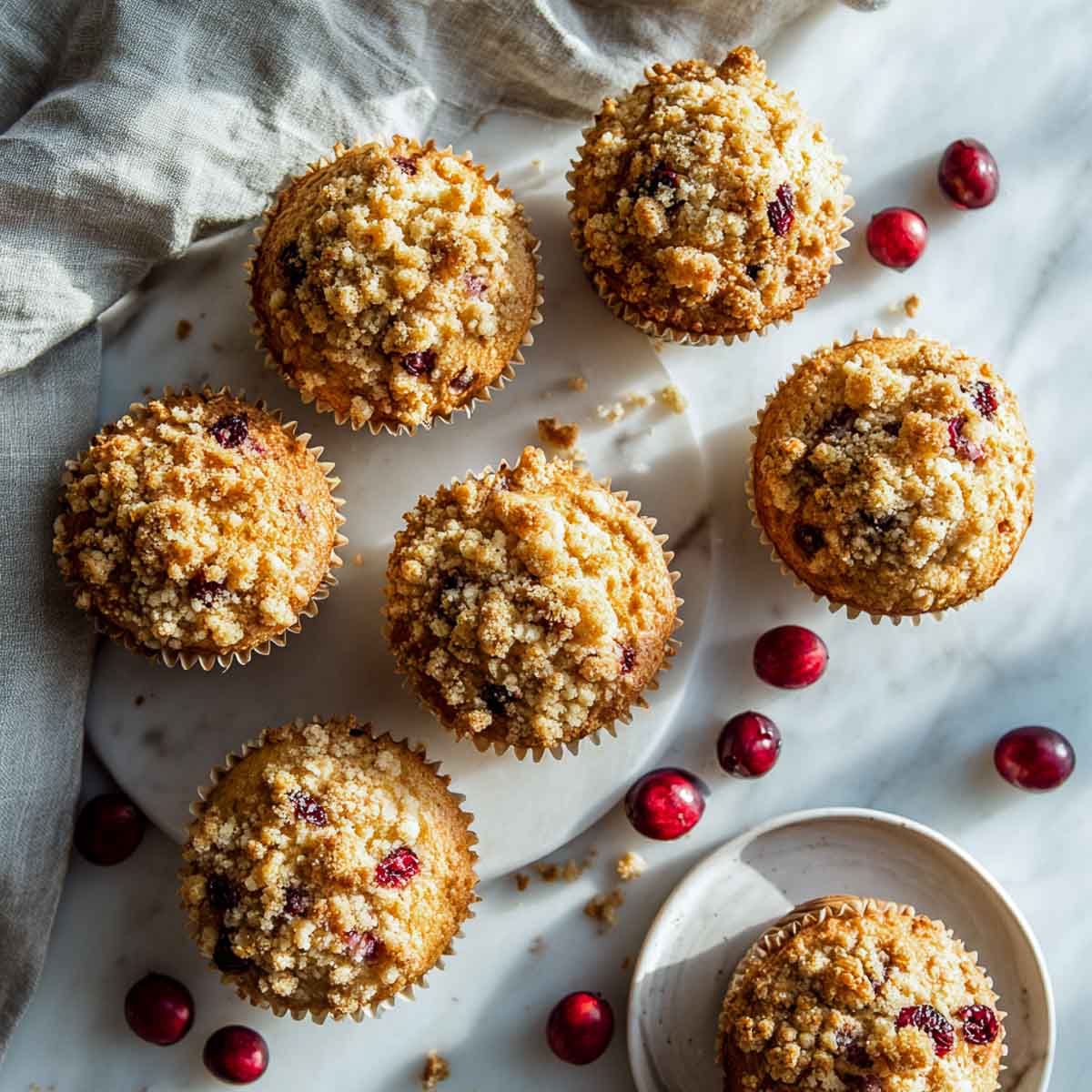 Cranberry rhubarb muffins with golden crumble topping on marble surface.