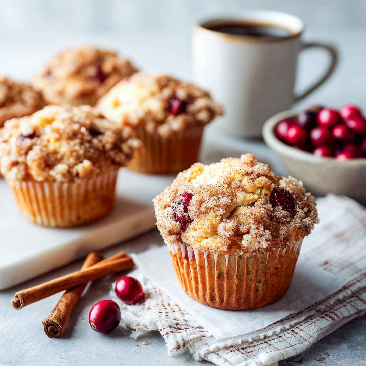 Cranberry streusel muffins with cinnamon sugar topping.