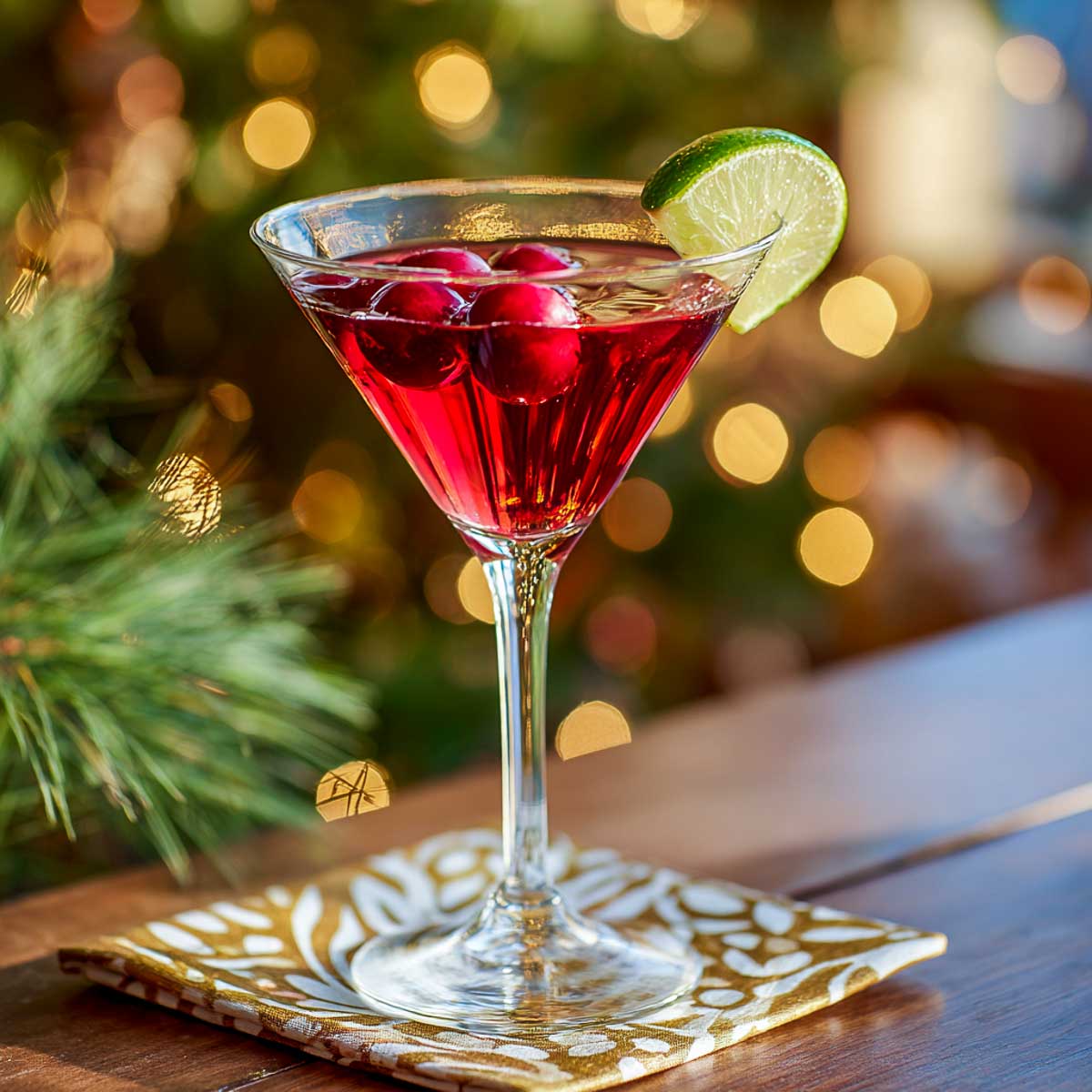 Elegant cranberry vodka martini with lime wedge.