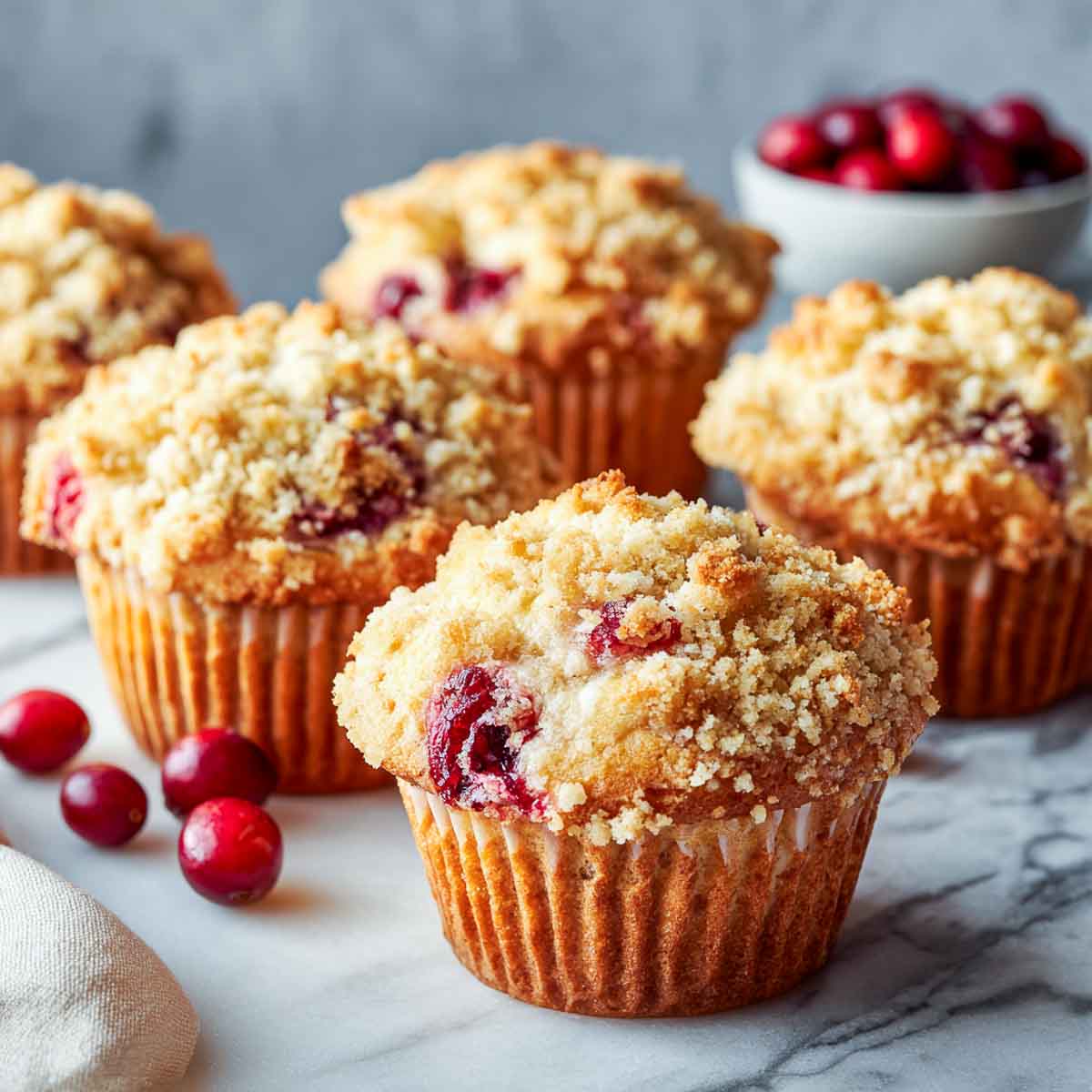 Cranberry muffins with golden buttermilk crumble topping on marble surface with cranberries in bowl.