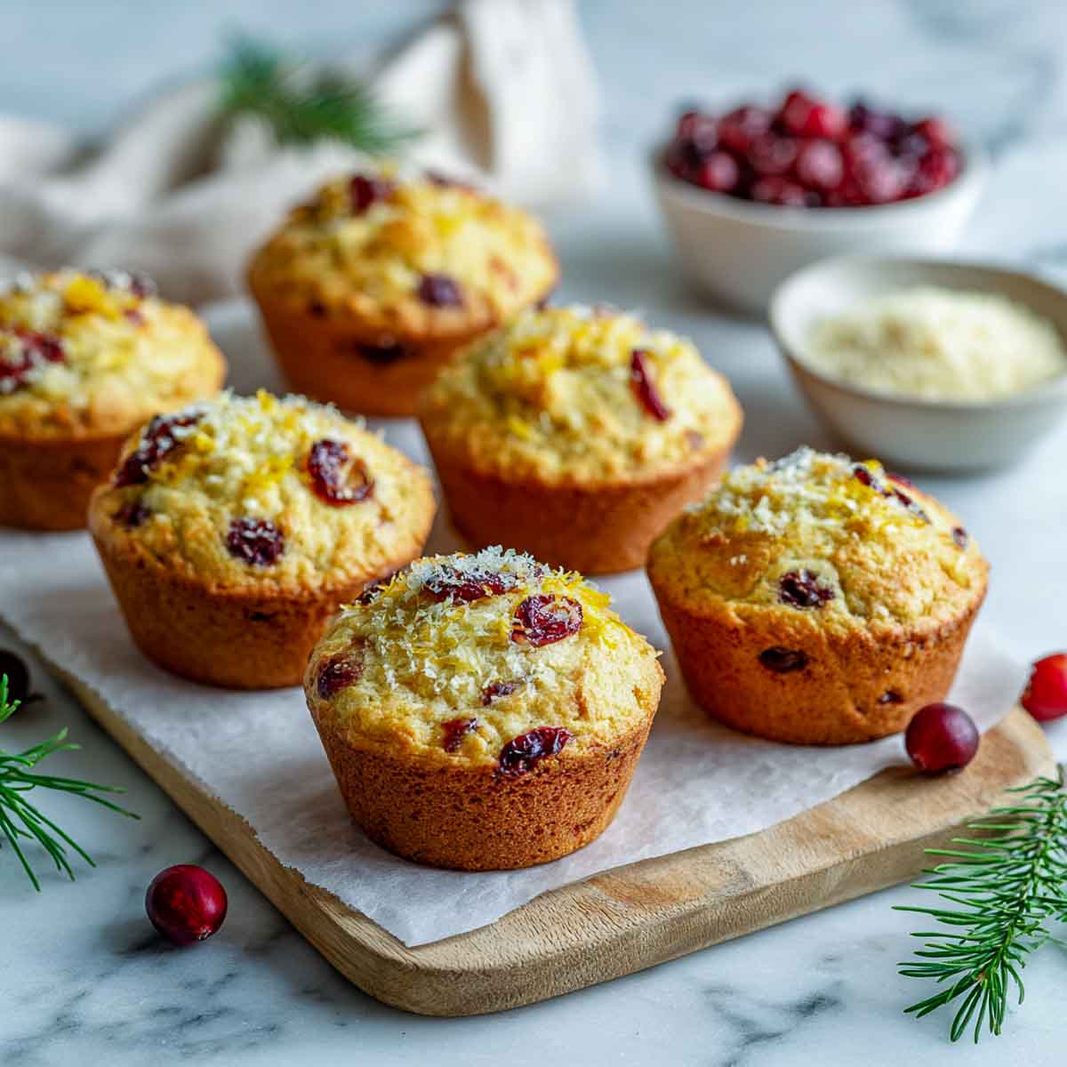Keto cranberry orange muffins on a wooden board.