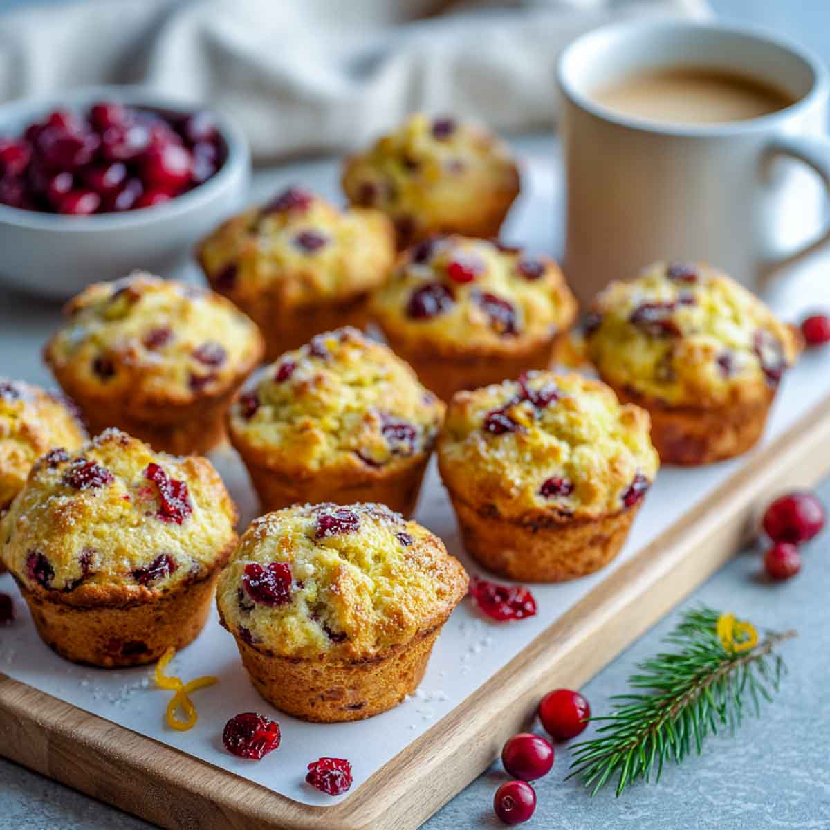 Mini cranberry orange muffins on rectangular board with cup of coffee.