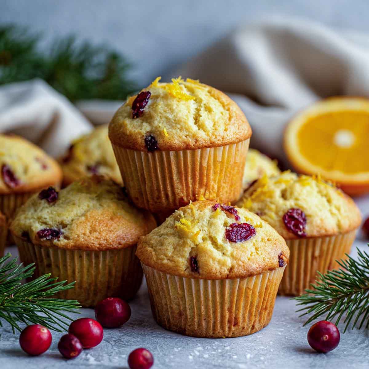 Orange and cranberry muffins made with olive oil placed on a grey wooden board.