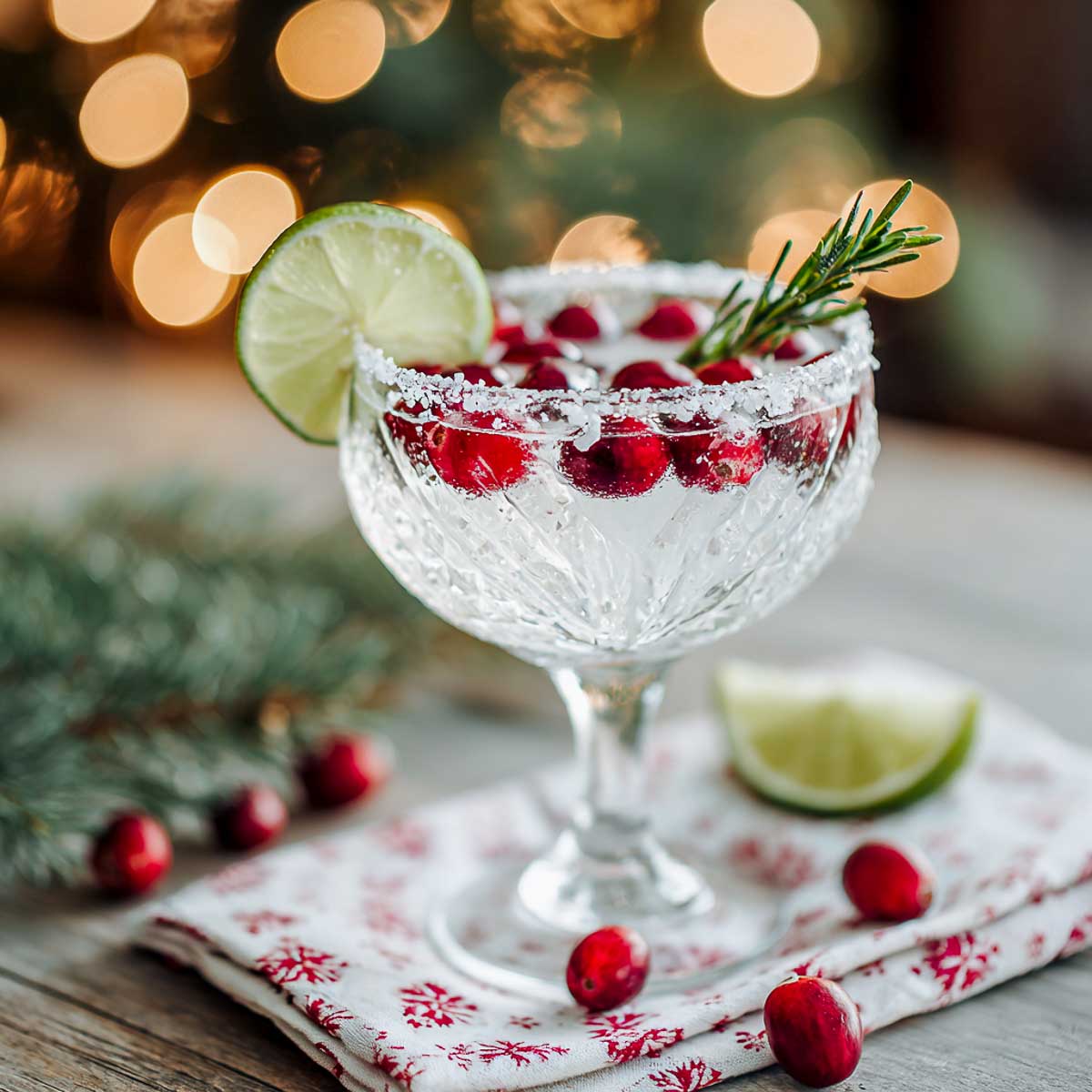 Festive white cranberry margarita with sugared rim, cranberries, and rosemary.