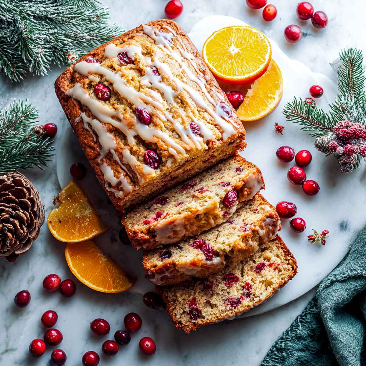 Vegan cranberry orange bread drizzled with maple glaze, sliced with cranberries and oranges.