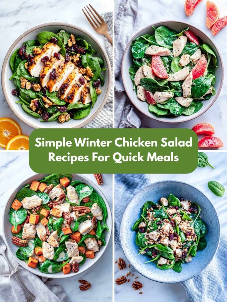 A collage of 4 types of winter chicken salads.