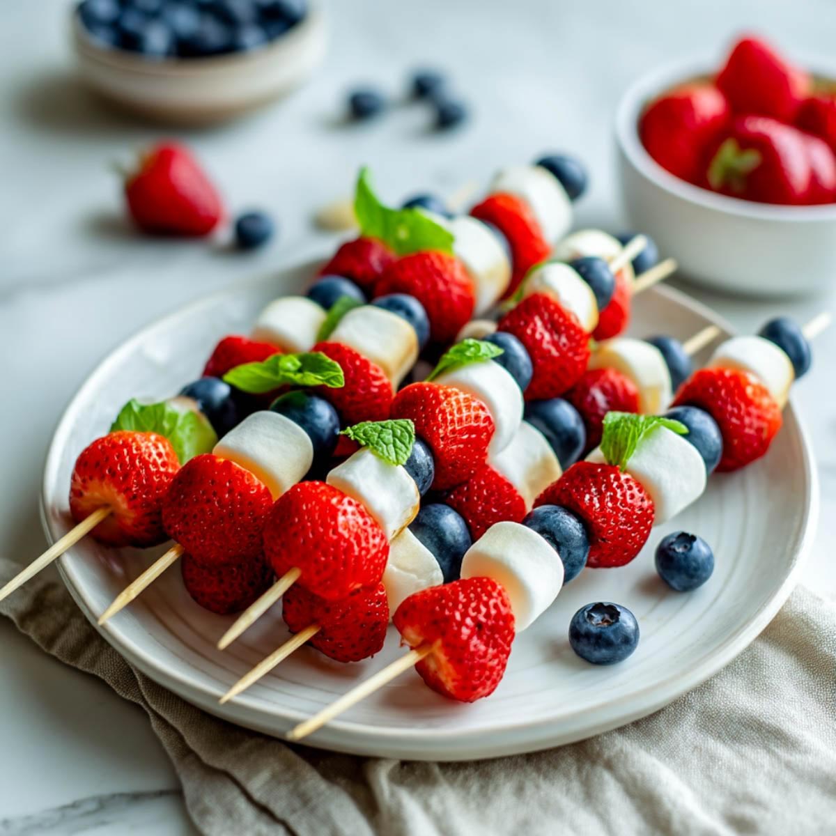 Berry and marshmallow kabobs on a white plate with strawberries, blueberries, and soft marshmallows.