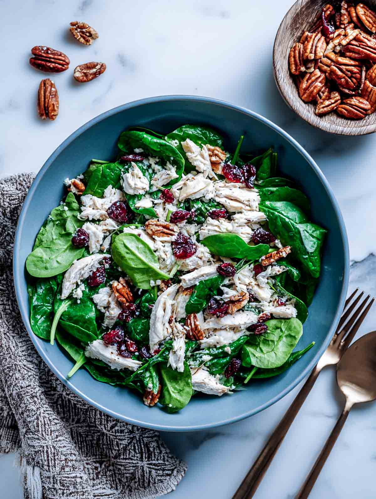 A top-down view of a spinach chicken salad topped with shredded herb-seasoned chicken, dried cranberries, and toasted pecans, served in a muted dusty-blue bowl with a small bowl of extra pecans on the side.