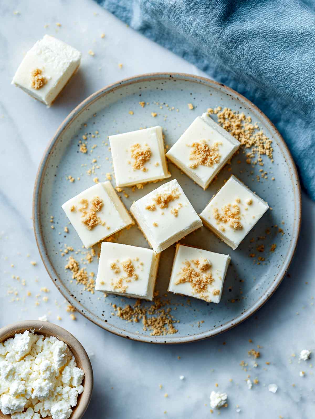 A top-down view of small square microwave cheesecake bites arranged on a speckled plate with a light sprinkle of crumbs.