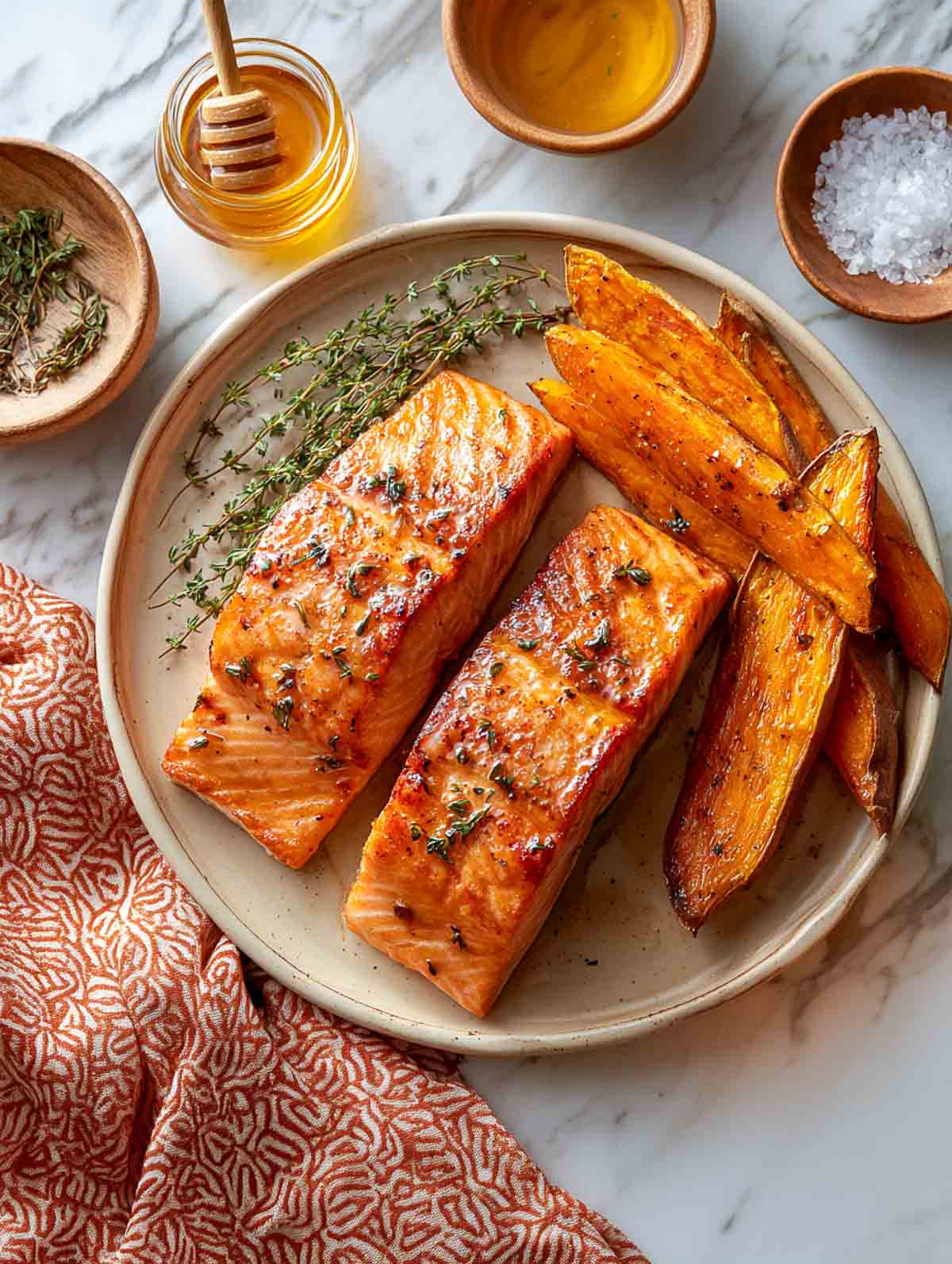Honey-thyme salmon fillets with roasted sweet potato slabs on a ceramic plate.