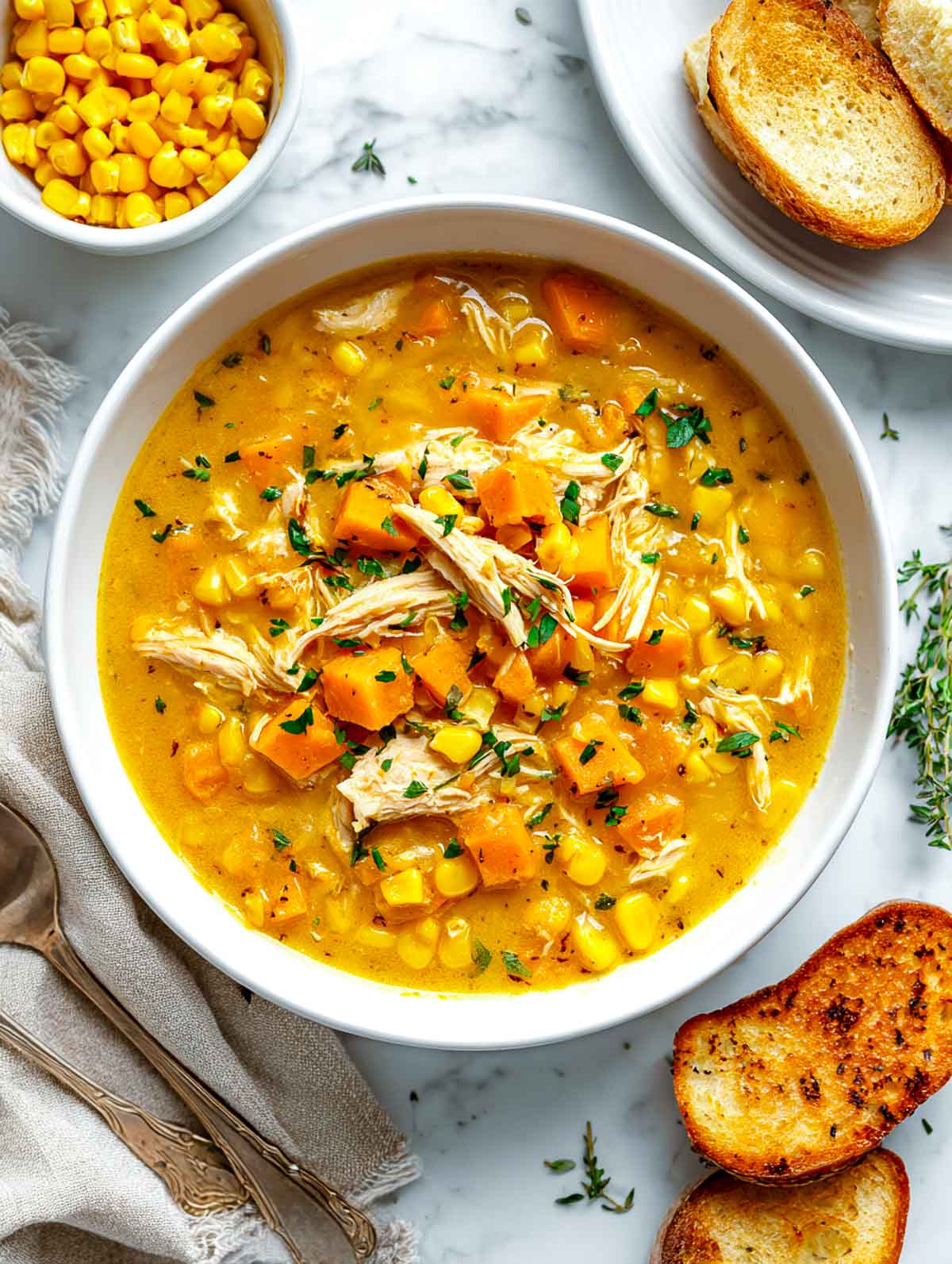 Creamy sweet potato chicken chowder with corn and shredded chicken, served with toasted bread on marble.