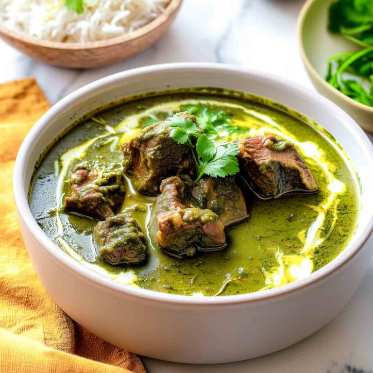 Lamb Palak in a creamy spinach gravy with tender lamb pieces.