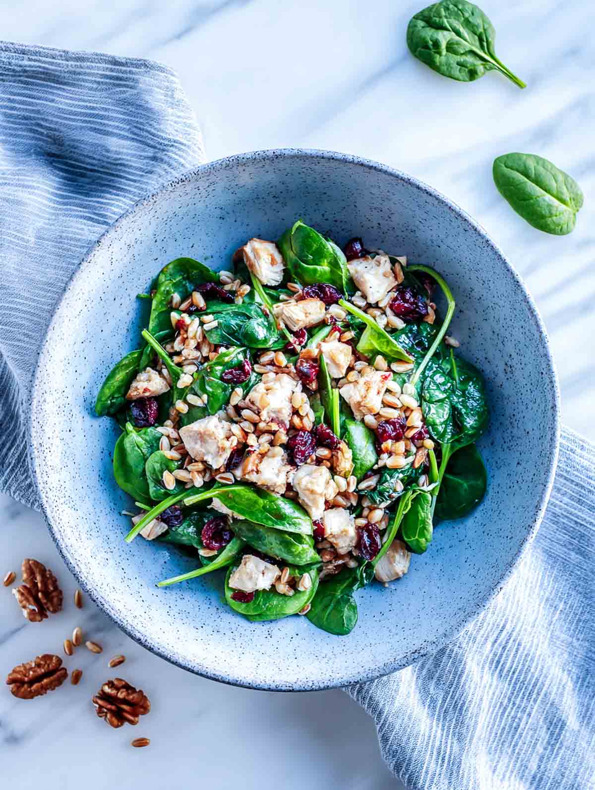 Top view of a bowl of spinach chicken salad with farro, diced chicken, and cranberry vinaigrette.