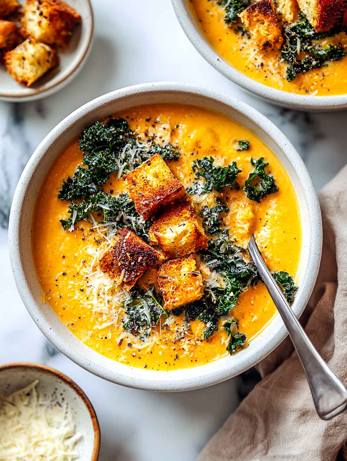 Creamy sweet potato and kale soup topped with golden parmesan croutons and grated cheese on a marble surface.