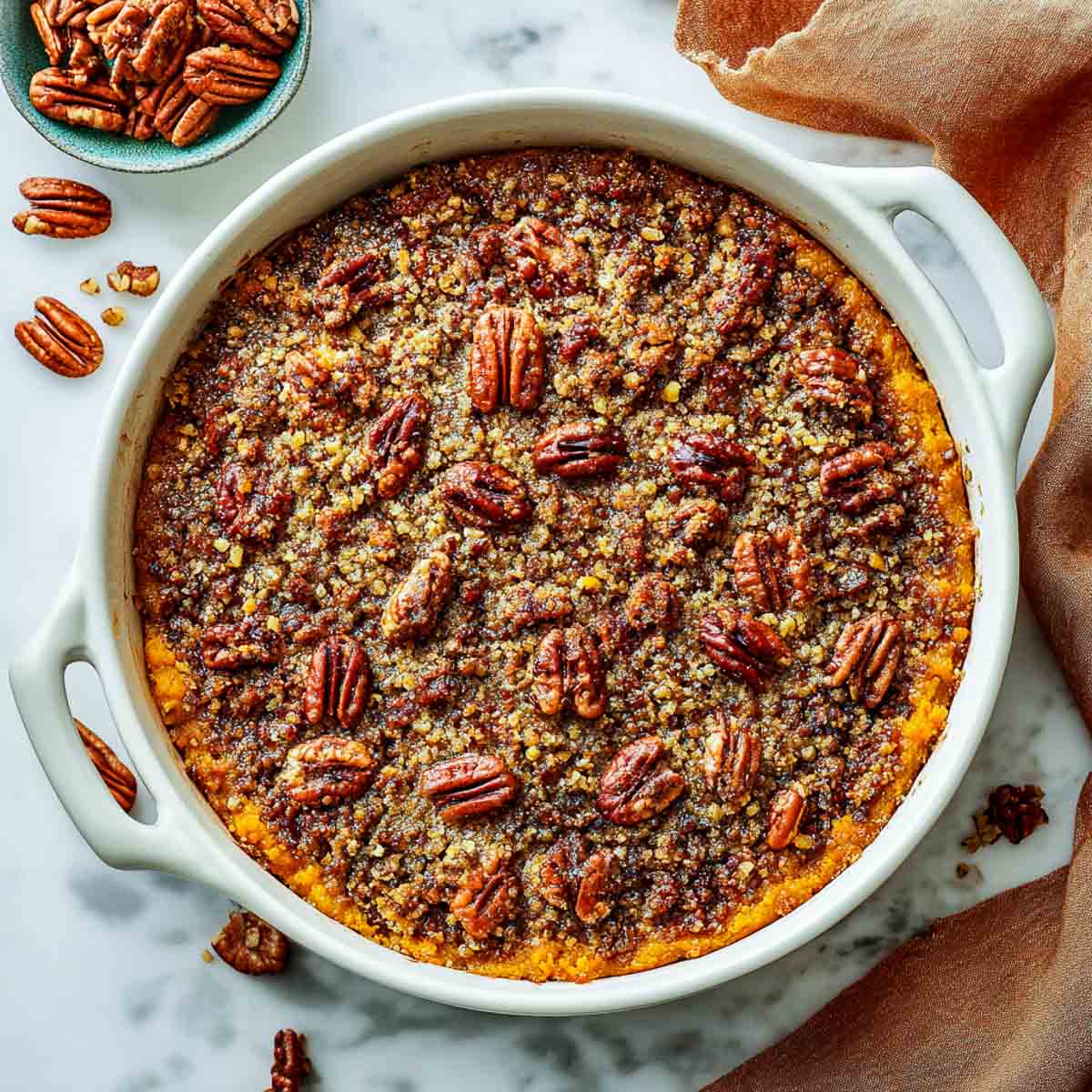 Top-down view of a vegan sweet potato casserole topped with a golden maple-pecan crust in a white ceramic dish on a marble surface.
