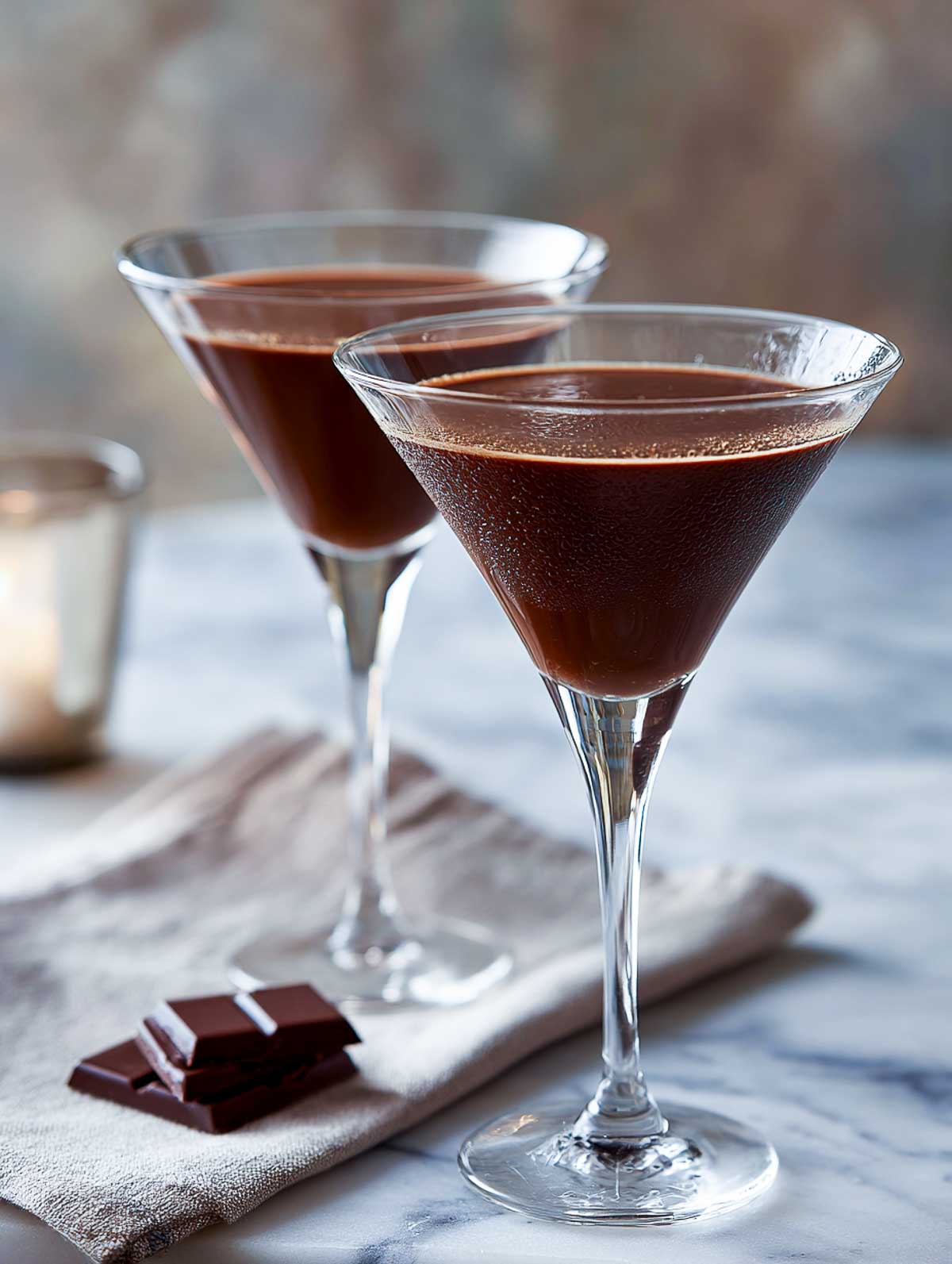Side view of two classic chocolate martinis in martini glasses on a white marble surface.