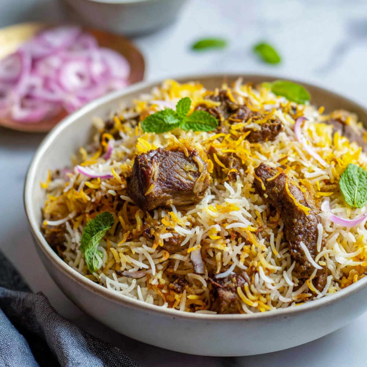 Lamb biryani served in a shallow bowl with mint and sliced onions.