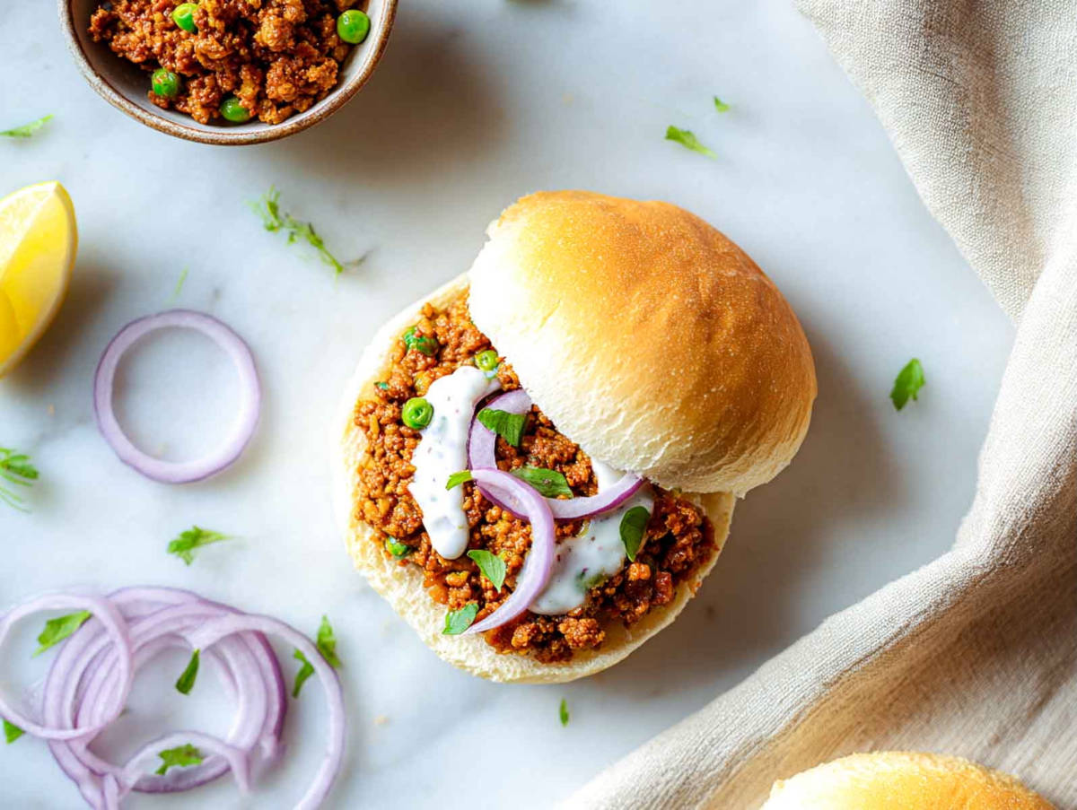 A sloppy joe-style sandwich is filled with leftover lamb keema and yogurt drizzle.