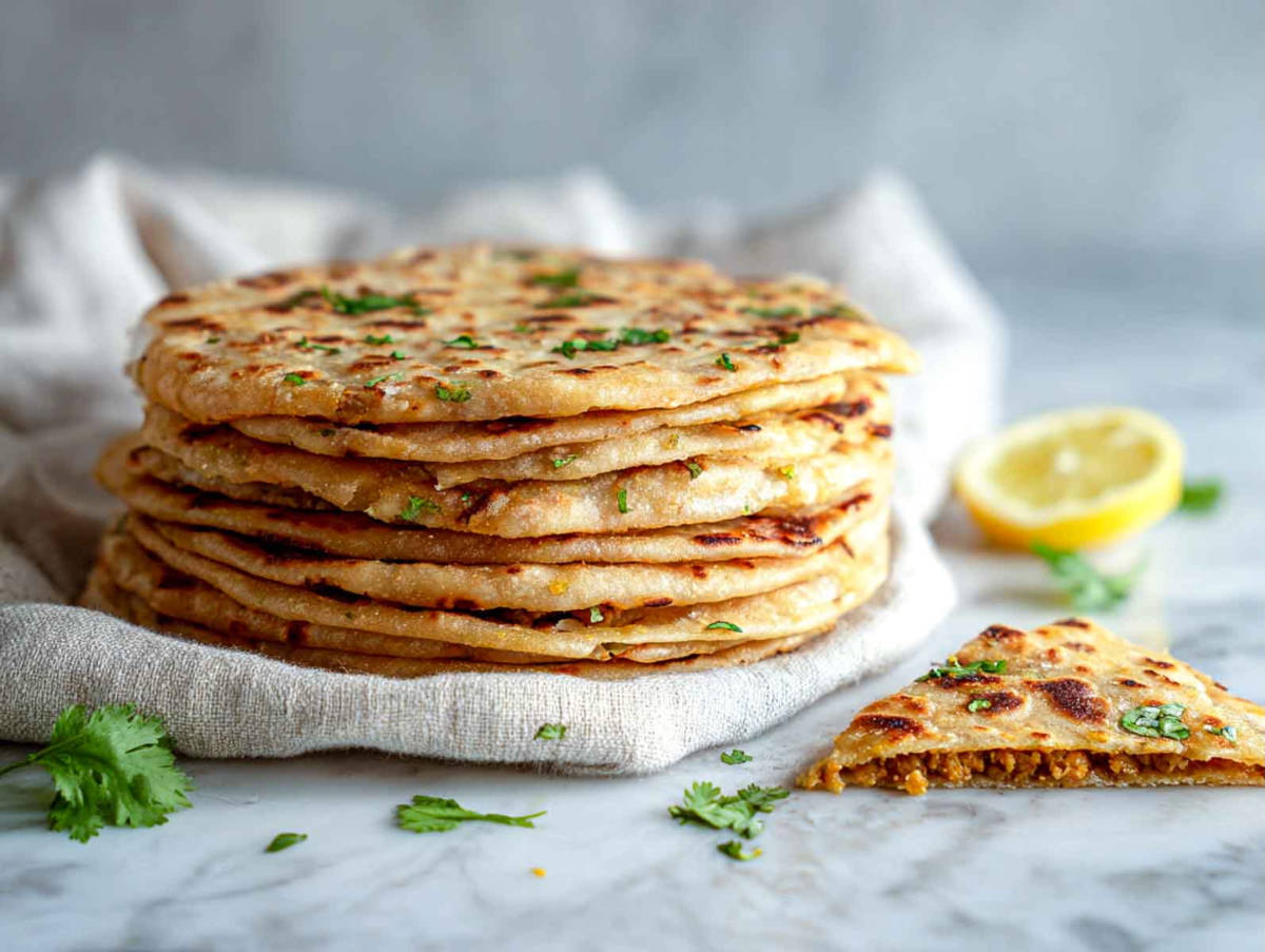 A neat stack of thin keema-stuffed parathas is shown with one torn open.