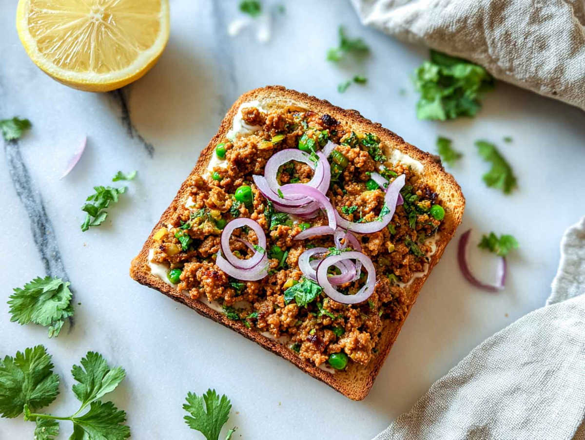 An open-faced toast is topped with leftover lamb keema, onions, and herbs.