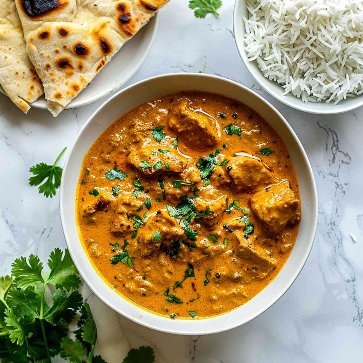 Indian lamb korma plated with white rice and naan on a marble surface.