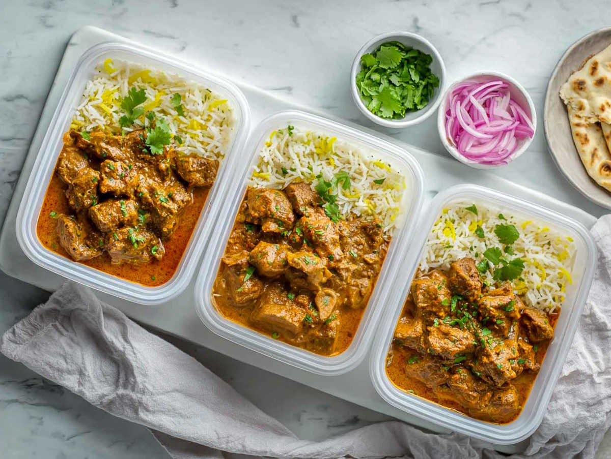 Lamb korma and rice packed in meal prep containers.