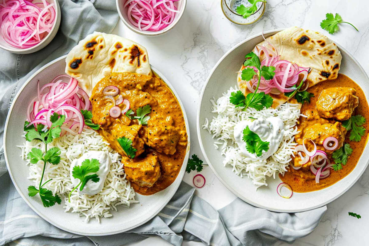 Two plates of lamb korma served with rice, yogurt and onions.