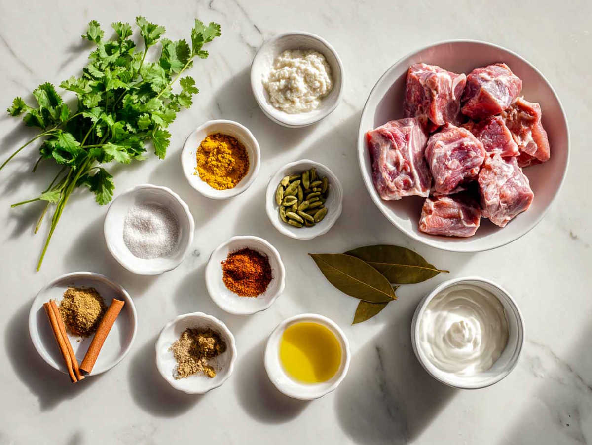 Lamb korma ingredients arranged in bowls on a white marble surface.