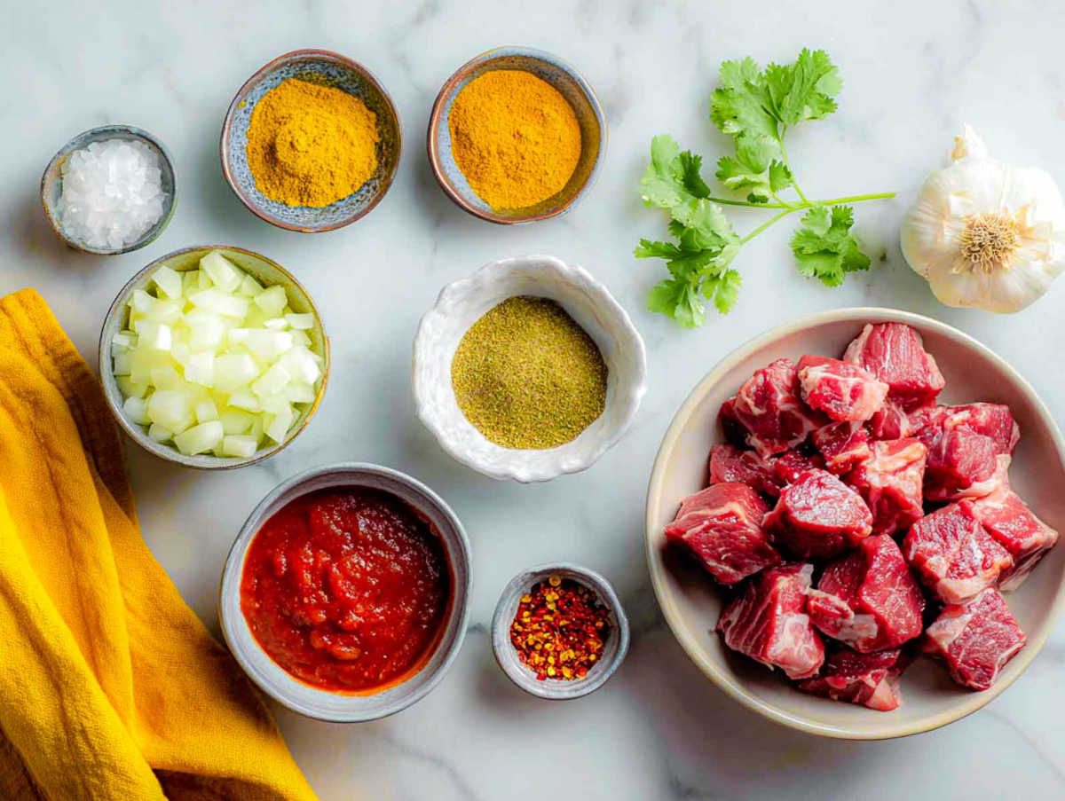 This overhead image displays the ingredients for Lamb Madras, including lamb cubes, onions, spices, crushed tomatoes, garlic, and chili flakes arranged neatly on a marble surface.