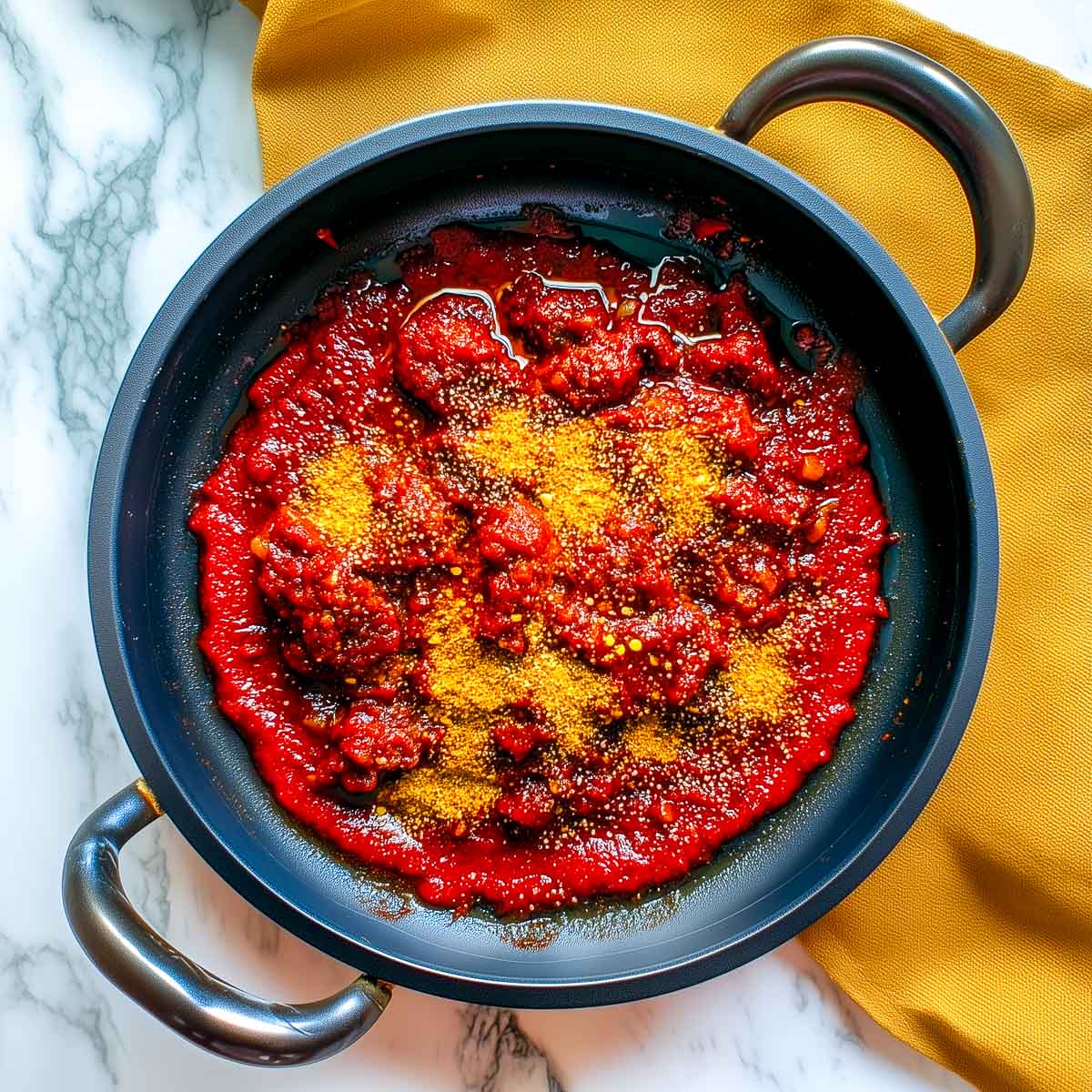 This top-down photo shows the Lamb Madras masala base cooking in a pan, with spices blooming in a thick red tomato mixture.