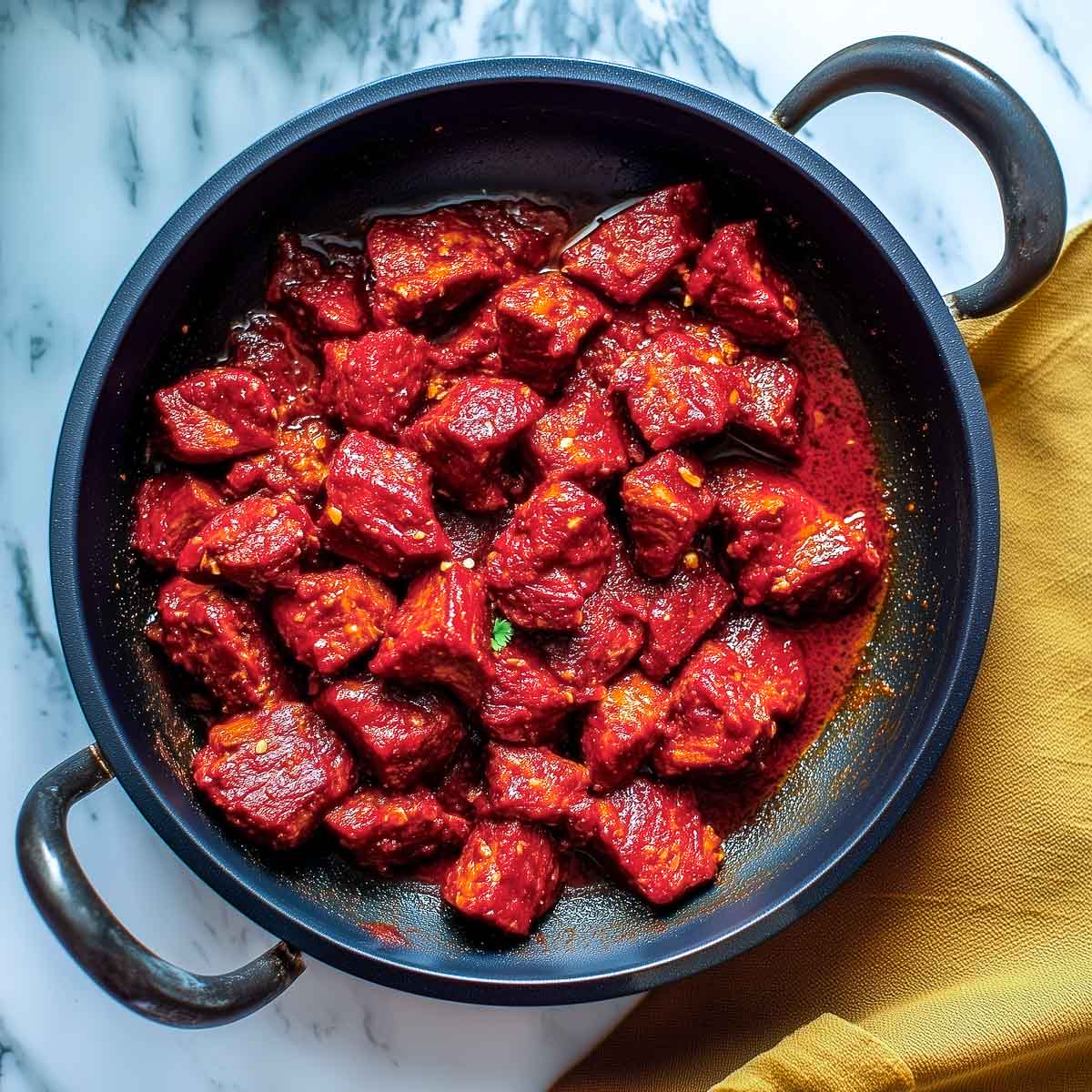 This image shows raw lamb cubes being coated in the red masala mixture in the pan as part of the Lamb Madras cooking process.